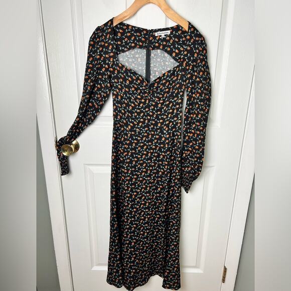 Reformation Black Floral Long Sleeve Sweetheart Neck Slit Hunt Midi Dress 0 - Picture 2 of 10